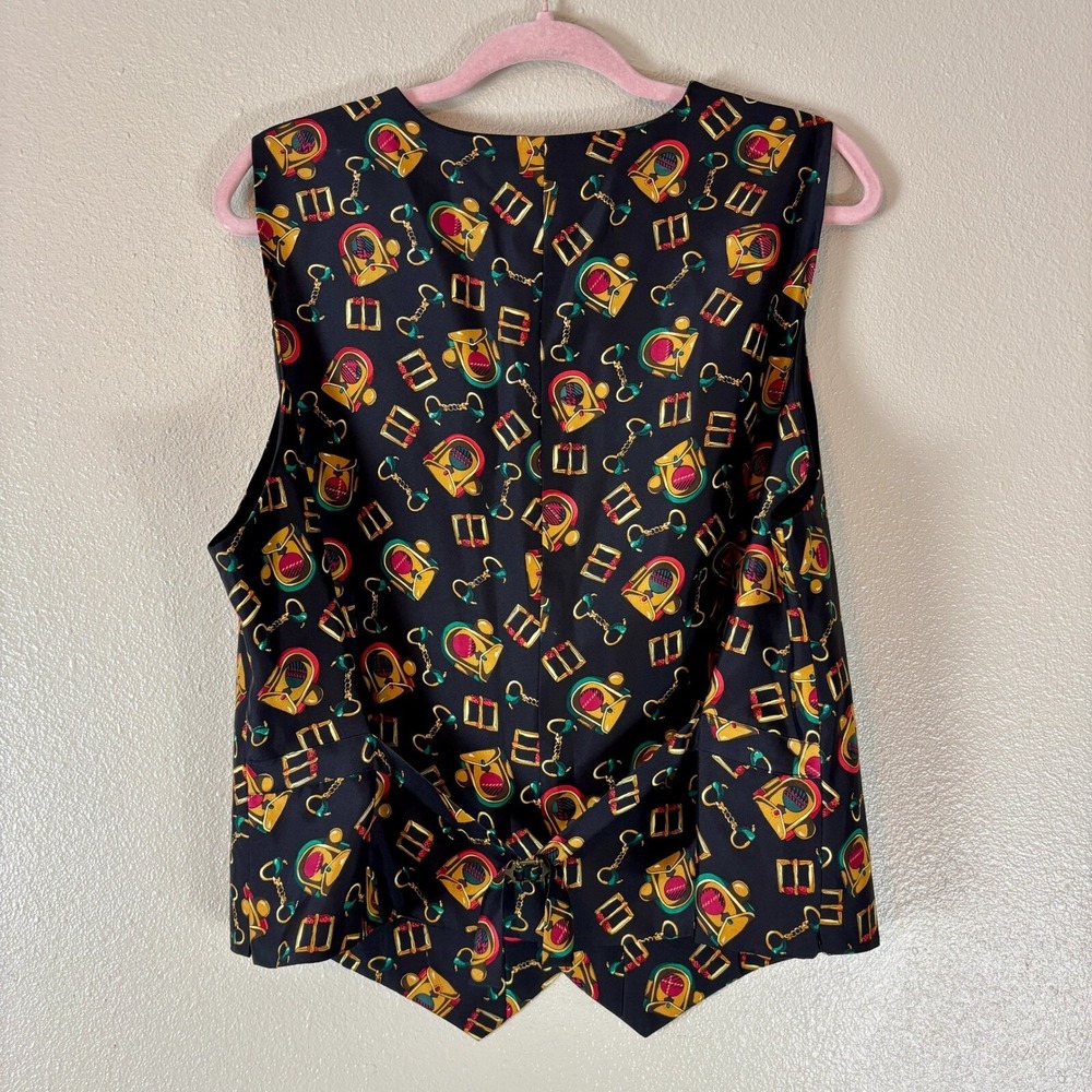 Preston & York Vest Women's Large Black Equestrian Themed Vintage Silk Horse 80s - Picture 2 of 11
